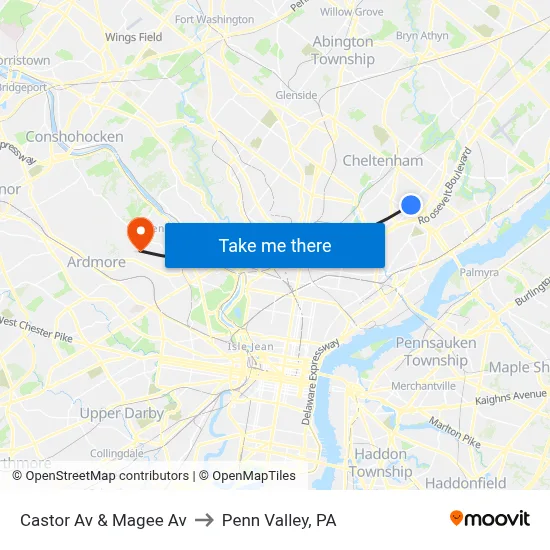Castor Av & Magee Av to Penn Valley, PA map