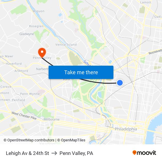 Lehigh Av & 24th St to Penn Valley, PA map