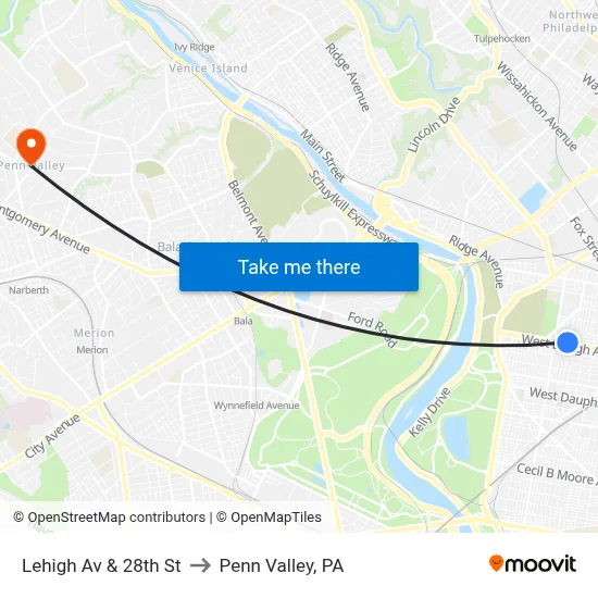Lehigh Av & 28th St to Penn Valley, PA map