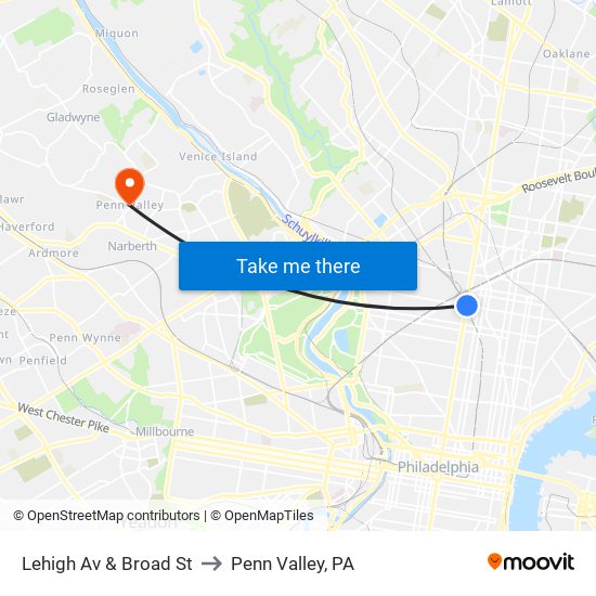 Lehigh Av & Broad St to Penn Valley, PA map