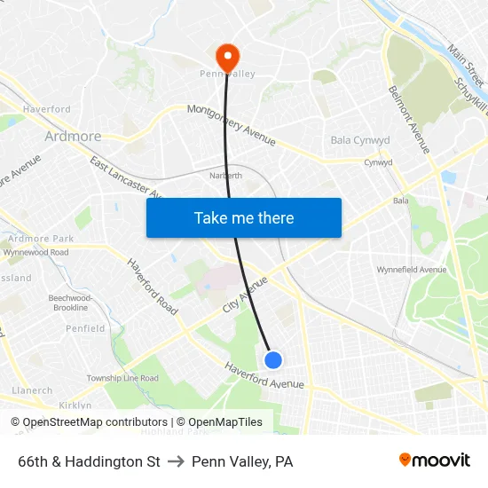 66th & Haddington St to Penn Valley, PA map