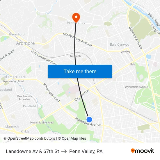 Lansdowne Av & 67th St to Penn Valley, PA map