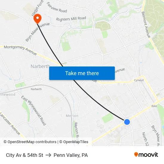 City Av & 54th St to Penn Valley, PA map