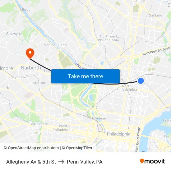 Allegheny Av & 5th St to Penn Valley, PA map