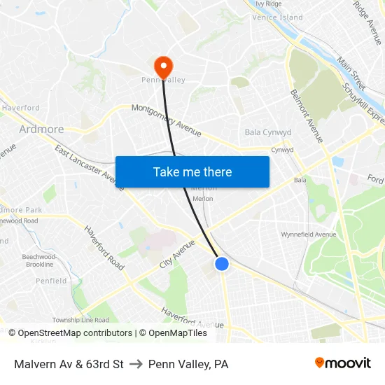 Malvern Av & 63rd St to Penn Valley, PA map