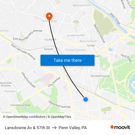 Lansdowne Av & 57th St to Penn Valley, PA map
