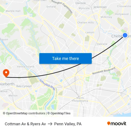 Cottman Av & Ryers Av to Penn Valley, PA map