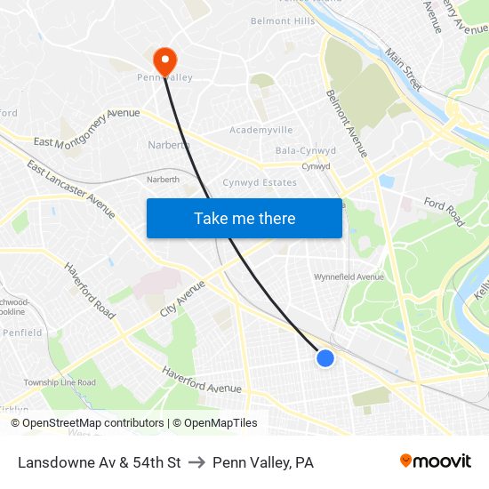 Lansdowne Av & 54th St to Penn Valley, PA map
