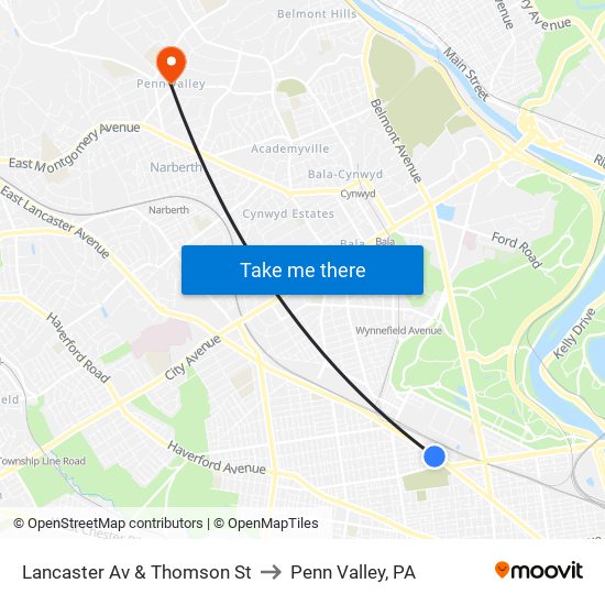 Lancaster Av & Thomson St to Penn Valley, PA map