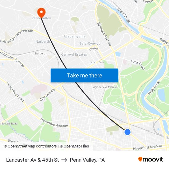 Lancaster Av & 45th St to Penn Valley, PA map