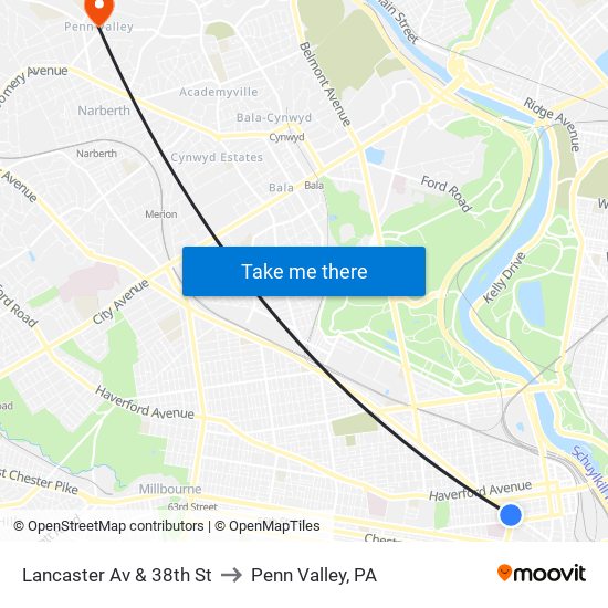 Lancaster Av & 38th St to Penn Valley, PA map