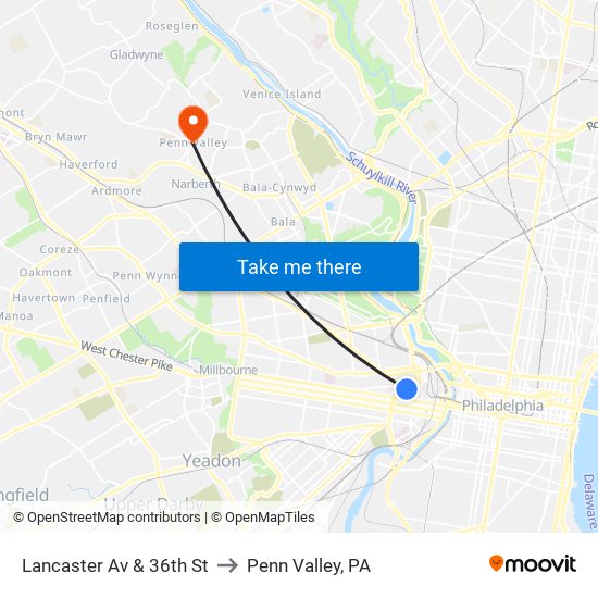 Lancaster Av & 36th St to Penn Valley, PA map