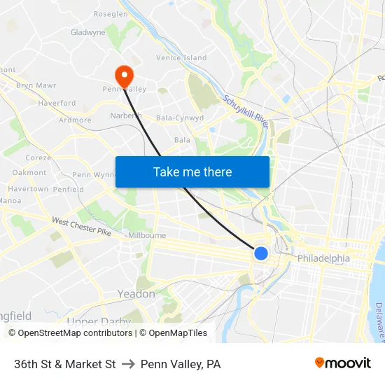 36th St & Market St to Penn Valley, PA map