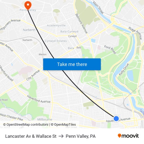 Lancaster Av & Wallace St to Penn Valley, PA map