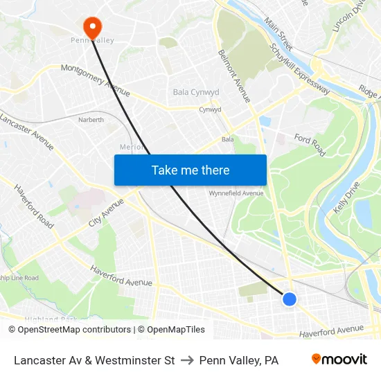 Lancaster Av & Westminster St to Penn Valley, PA map