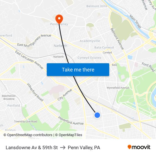 Lansdowne Av & 59th St to Penn Valley, PA map
