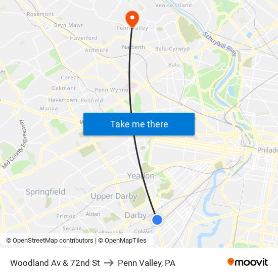 Woodland Av & 72nd St to Penn Valley, PA map