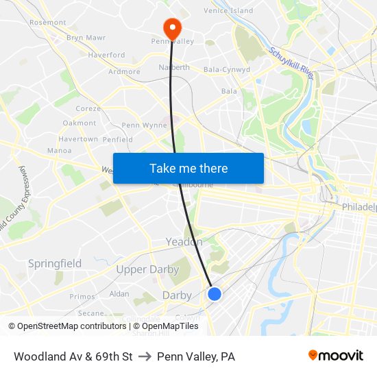 Woodland Av & 69th St to Penn Valley, PA map