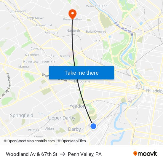 Woodland Av & 67th St to Penn Valley, PA map