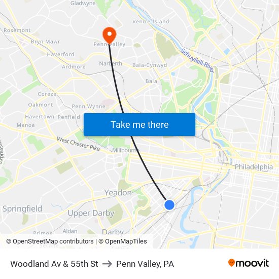 Woodland Av & 55th St to Penn Valley, PA map