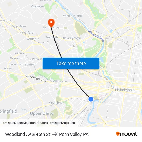 Woodland Av & 45th St to Penn Valley, PA map