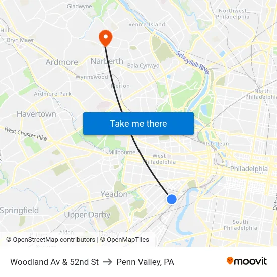 Woodland Av & 52nd St to Penn Valley, PA map