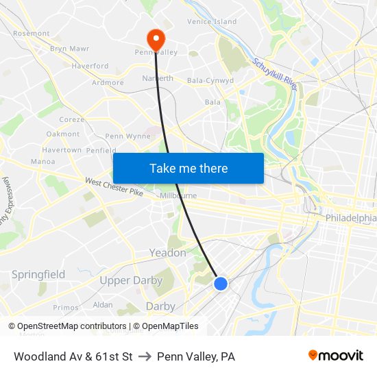 Woodland Av & 61st St to Penn Valley, PA map