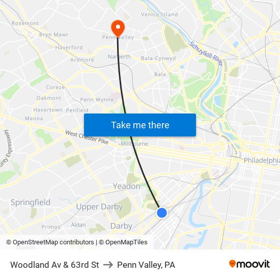 Woodland Av & 63rd St to Penn Valley, PA map