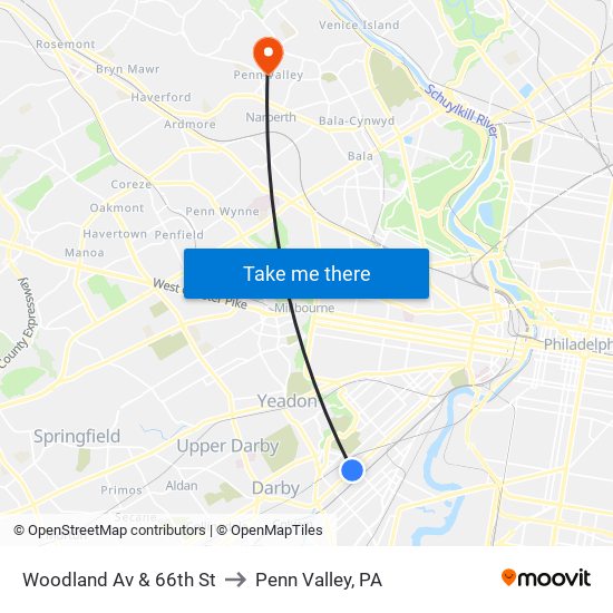 Woodland Av & 66th St to Penn Valley, PA map