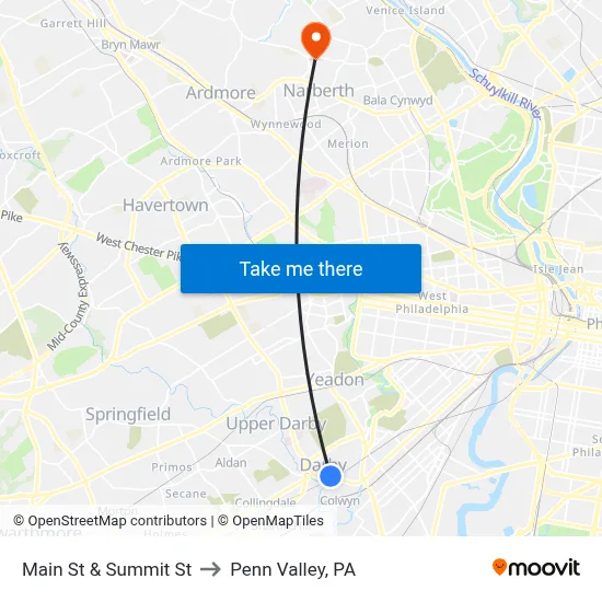 Main St & Summit St to Penn Valley, PA map