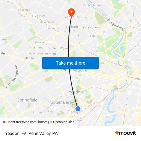 Yeadon to Penn Valley, PA map