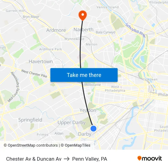 Chester Av & Duncan Av to Penn Valley, PA map