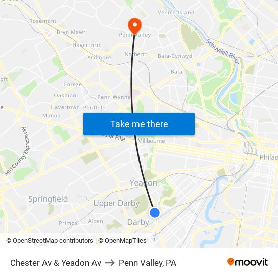 Chester Av & Yeadon Av to Penn Valley, PA map
