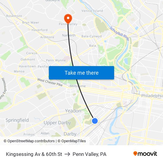 Kingsessing Av & 60th St to Penn Valley, PA map