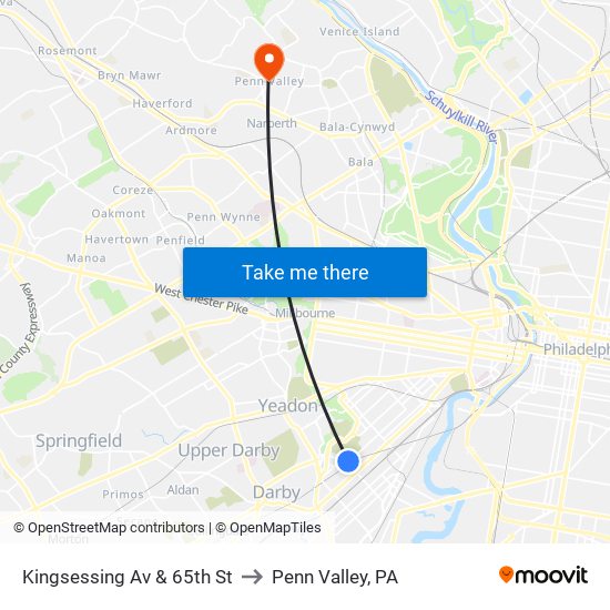 Kingsessing Av & 65th St to Penn Valley, PA map