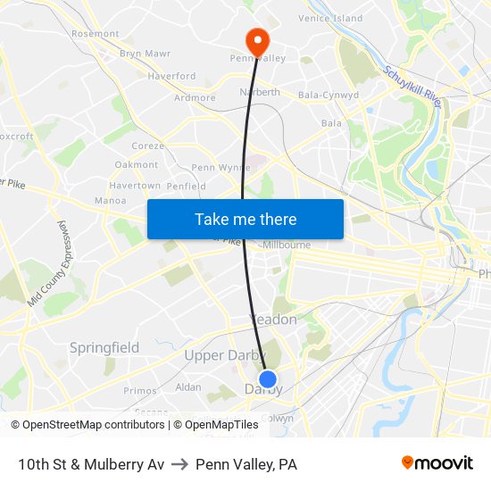 10th St & Mulberry Av to Penn Valley, PA map
