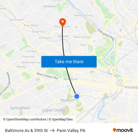 Baltimore Av & 59th St to Penn Valley, PA map