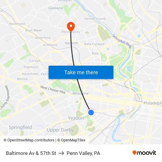 Baltimore Av & 57th St to Penn Valley, PA map