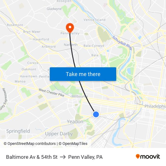 Baltimore Av & 54th St to Penn Valley, PA map