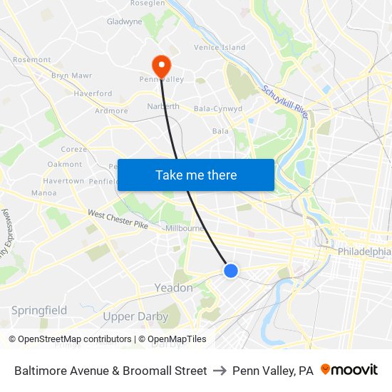 Baltimore Avenue & Broomall Street to Penn Valley, PA map