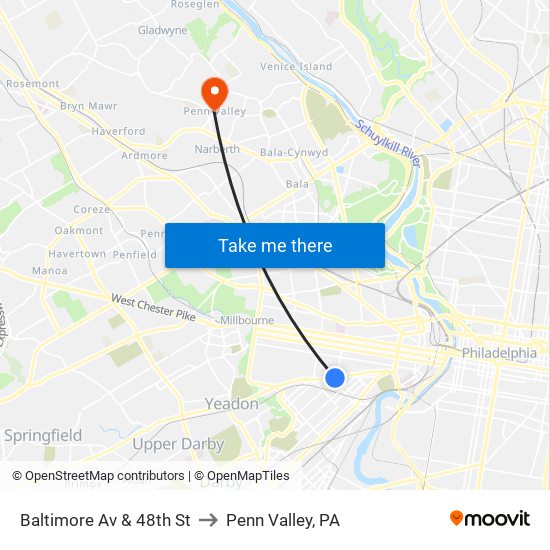 Baltimore Av & 48th St to Penn Valley, PA map