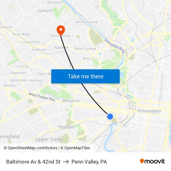 Baltimore Av & 42nd St to Penn Valley, PA map