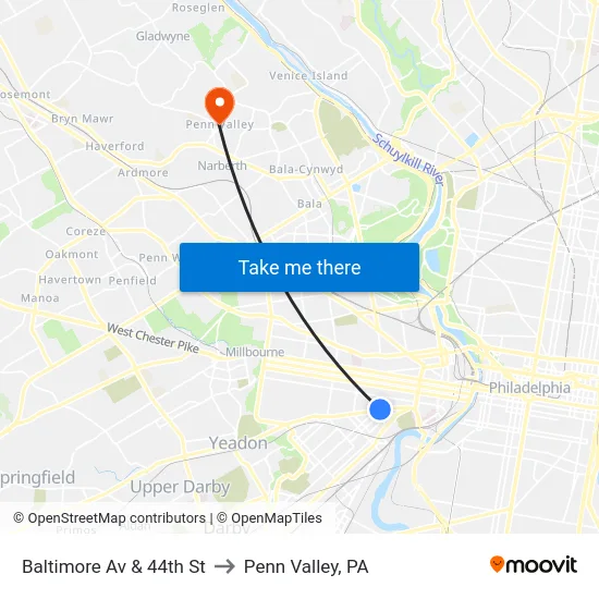 Baltimore Av & 44th St to Penn Valley, PA map
