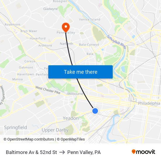 Baltimore Av & 52nd St to Penn Valley, PA map