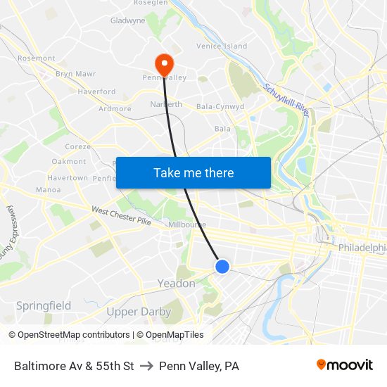 Baltimore Av & 55th St to Penn Valley, PA map