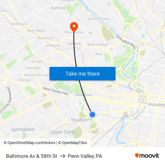 Baltimore Av & 58th St to Penn Valley, PA map