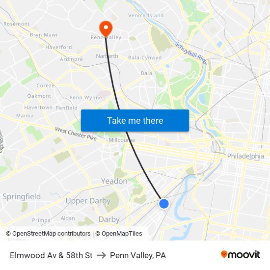 Elmwood Av & 58th St to Penn Valley, PA map
