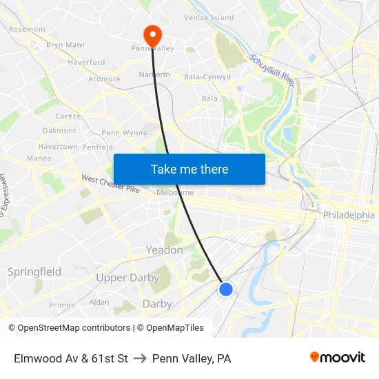 Elmwood Av & 61st St to Penn Valley, PA map