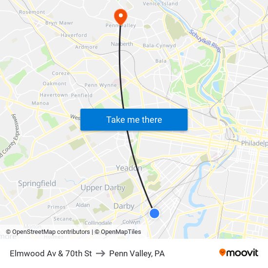 Elmwood Av & 70th St to Penn Valley, PA map