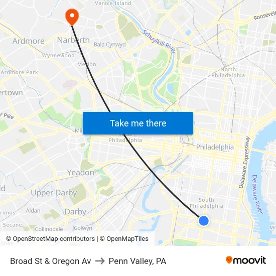Broad St & Oregon Av to Penn Valley, PA map